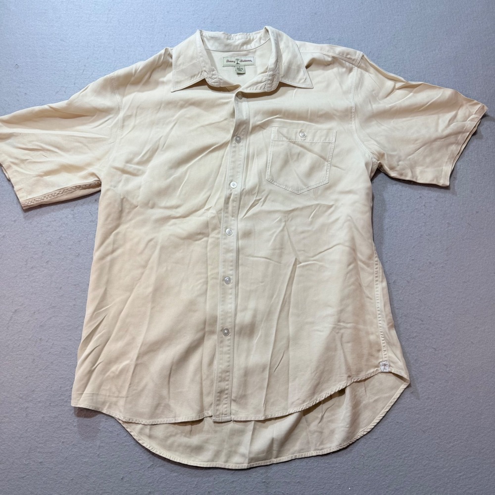 Tommy Bahama Men's Silk Camp Shirt Size L Beige Short Sleeve Button Front Casual